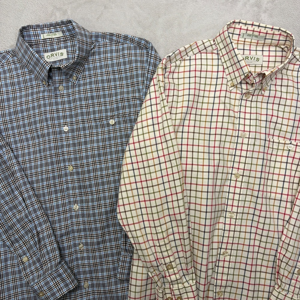 LOT OF TWO Orvis Midweight Button-Down Shirts L tattersall & houndstooth plaid